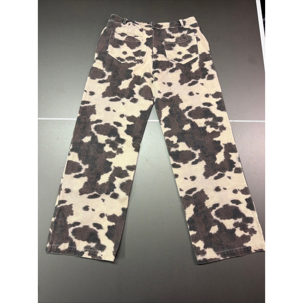 Pretty Garbage Cow Print Jeans Womens Large Wide Leg Black Cream Denim NWT - Picture 2 of 8
